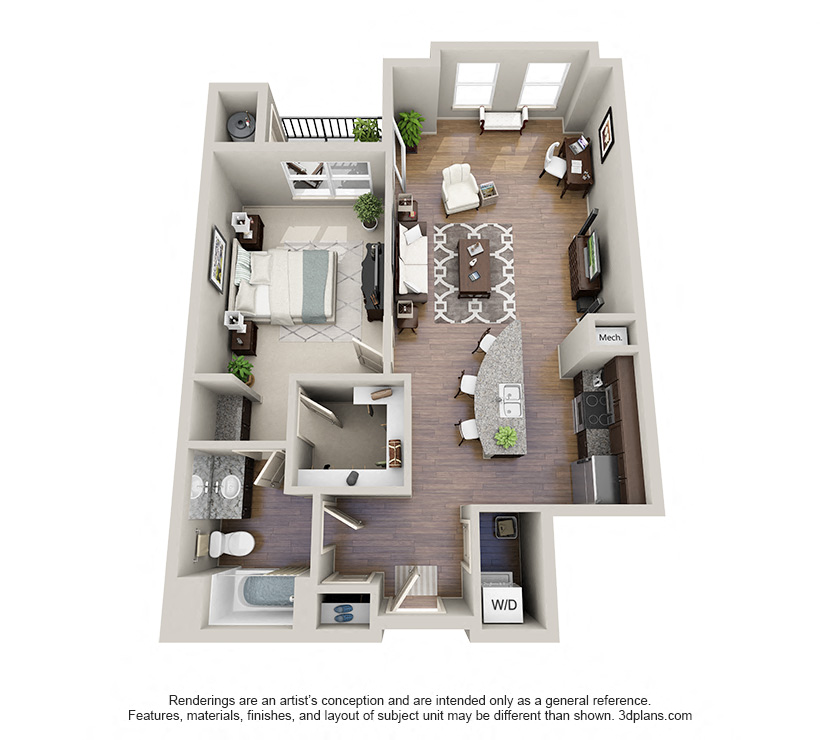 Floor plan for 1 bed, 1 bath, 889 sqft